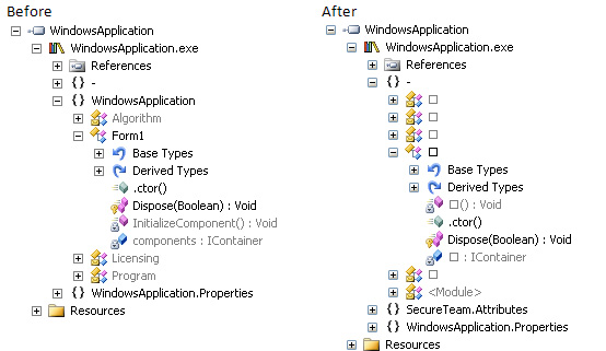 code before and after symbol renaming